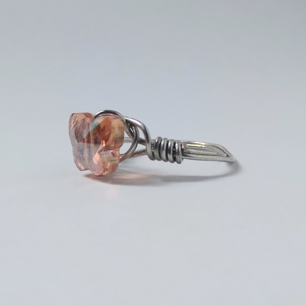 Beautiful Pink Butterfly Bead Handmade Twisted Silver Wire Ring Size